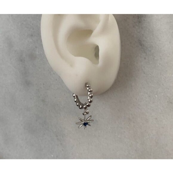 Sterling Silver Beaded Crystal Star Dangle Huggie Hoop Earrings - Picture 3 of 3